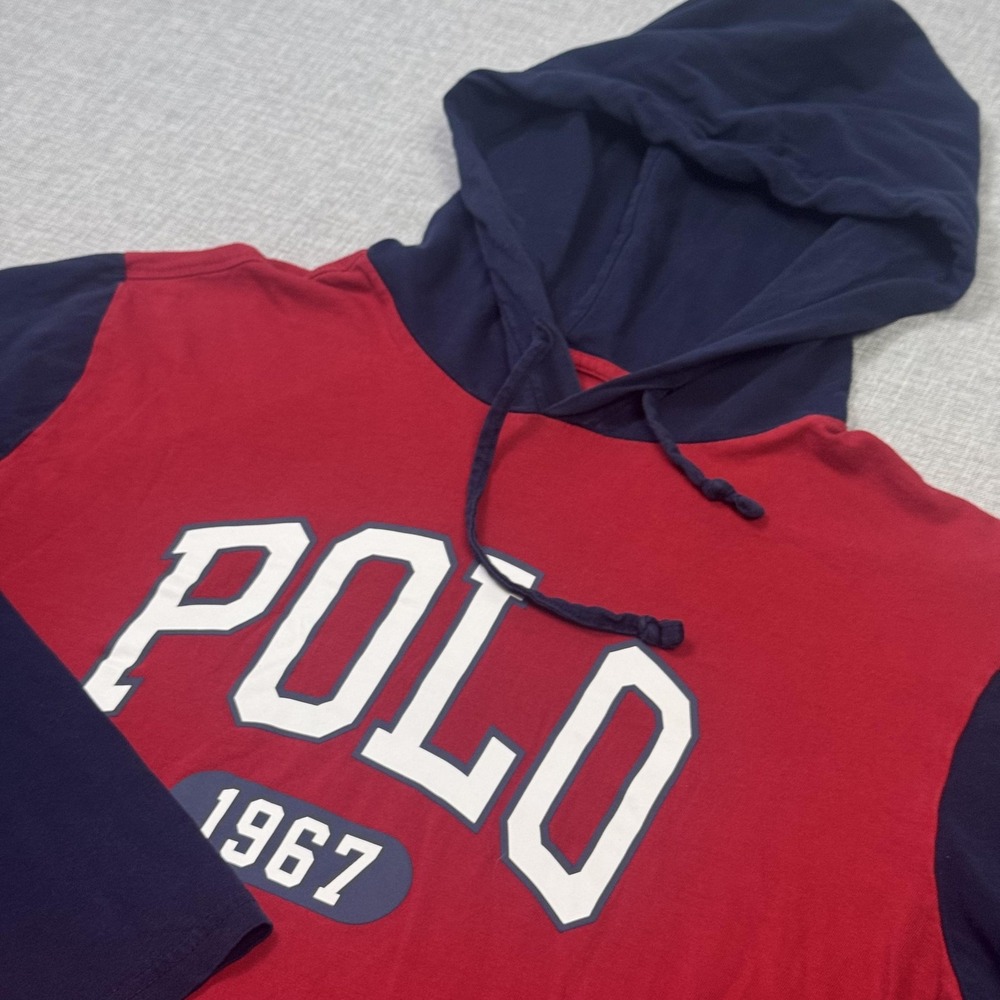 Polo Ralph Lauren Hoodie Mens L Red Blue Pullover Graphic Print 1967 Drawstring